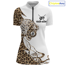 Load image into Gallery viewer, Front views of a white billiards quarter zip with leopard-print panels, a roaring leopard graphic, custom team text, and 8-ball details.