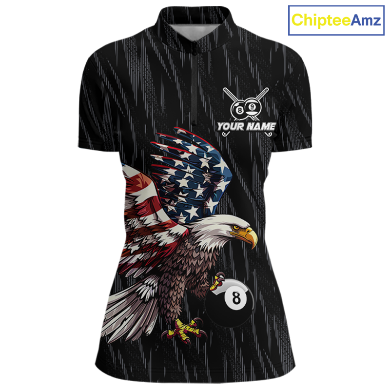 Black quarter zip billiard shirt with American flag eagle 8 ball design and customizable text on a white background