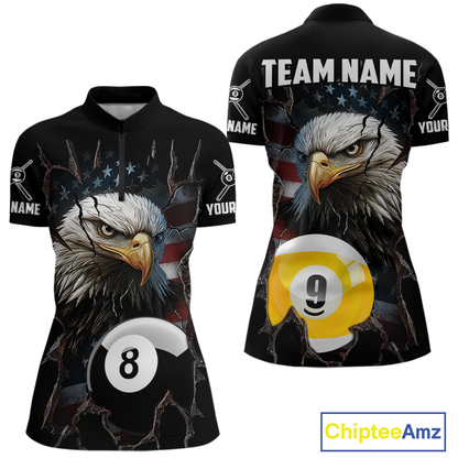 Front and back views of a black billiards quarter zip featuring a bald eagle graphic, cracked flag background, and large 8-ball and 9-ball designs.