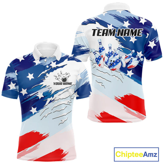 Front and back views of a short-sleeve polo shirt featuring a patriotic bowling-themed design with red, white, and blue brushstroke stripes, white stars, bowling pins, and customizable text placeholders 'YOUR NAME' and 'TEAM NAME'.