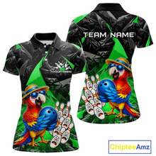 Load image into Gallery viewer, Colorful polo shirt with parrot design and customizable text on a white background