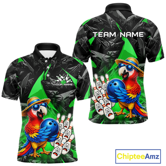 Polo shirt with parrot design and customizable text on a white background