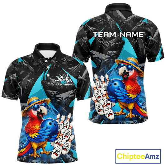 Bowling-themed polo shirt with parrot design on a white background, featuring 'Chiptee Amz' branding.
