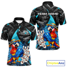 Load image into Gallery viewer, Bowling-themed polo shirt with parrot design on a white background, featuring 'Chiptee Amz' branding.