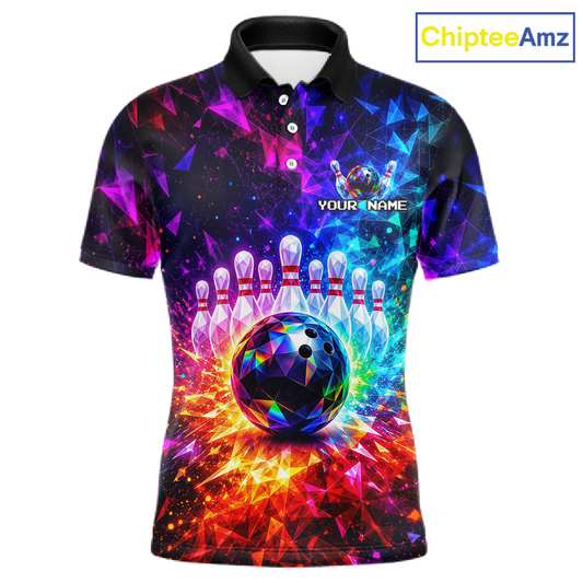 Colorful bowling-themed polo shirt with a bowling ball and pins design, featuring the brand 'ChipteeAmz'.