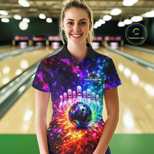 Load image into Gallery viewer, Woman wearing a colorful bowling shirt with a bowling ball and pins design in a bowling alley.