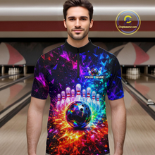Load image into Gallery viewer, Man wearing a colorful bowling shirt with a design of a bowling ball and pins in a bowling alley.