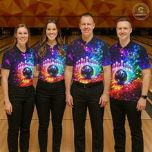 Load image into Gallery viewer, Four people wearing colorful bowling shirts with a bowling ball design on a bowling alley.