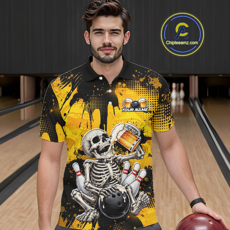 A man wearing a bowling-themed graphic polo shirt stands in a bowling alley holding a bowling ball. The shirt features a black and yellow splatter design with a skeleton holding bowling pins and a bowling ball, and a custom text placeholder on the chest.
