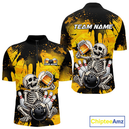 A short-sleeve athletic quarter-zip shirt shown from both front and back, featuring a bold bowling-themed graphic with skeletons, bowling balls, pins, and yellow paint-splatter background. The front has a small 'YOUR NAME' placeholder and the back has 'TEAM NAME' placeholder.