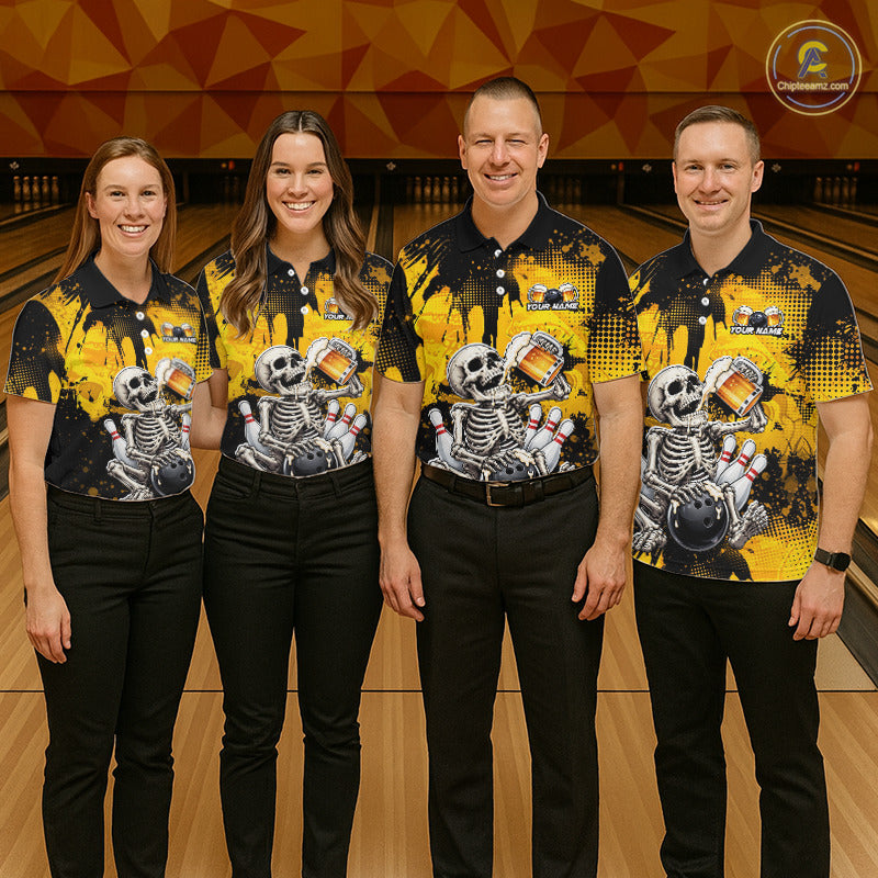Four people standing in a bowling alley wearing matching black and yellow bowling shirts with a skeleton bowling graphic, paired with black pants. A circular 'ChipteeAmz' logo is visible in the top right corner.