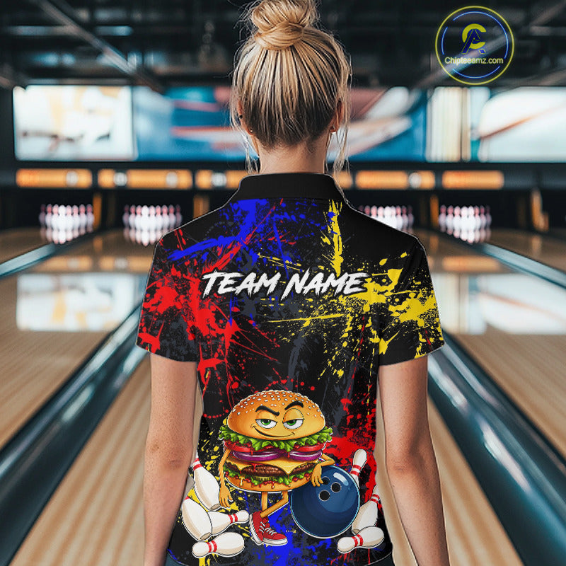 Custom Colorful Funny Hamburger Bowling Jersey for Women Bowling Team Shirts Bowling League HNT467