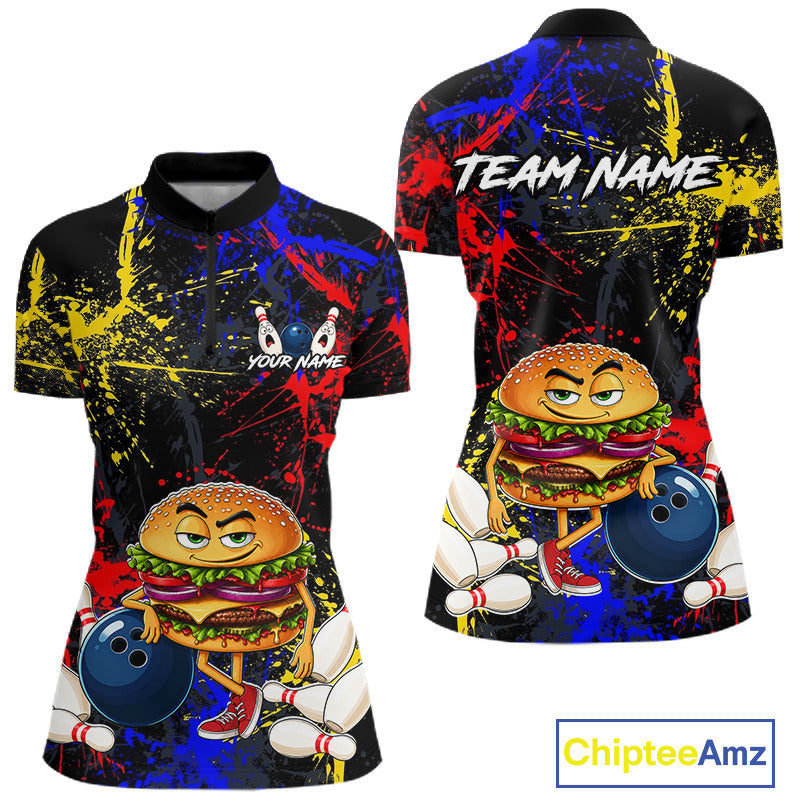 Custom Colorful Funny Hamburger Bowling Jersey for Women Bowling Team Shirts Bowling League HNT467
