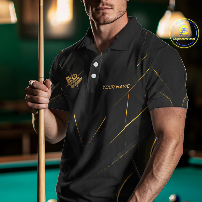 Man holding a pool cue wearing a black polo shirt with gold accents and 'Your Name' text.