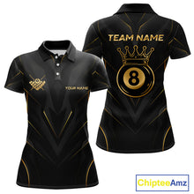 Load image into Gallery viewer, Black and gold polo shirt with 'Team Name' and 'Your Name' text, featuring a crown and number 8 design.