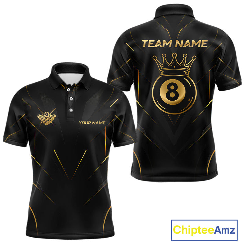 Black and gold polo shirt with customizable text on a white background