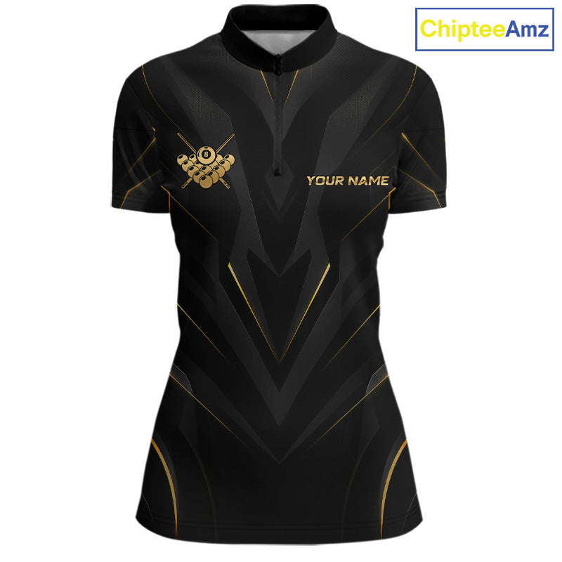 Black and gold polo shirt with a logo and text on a white background