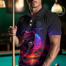 Load image into Gallery viewer, Man wearing a polo shirt with a dinosaur and sunset design, holding a pool cue in a billiards setting.