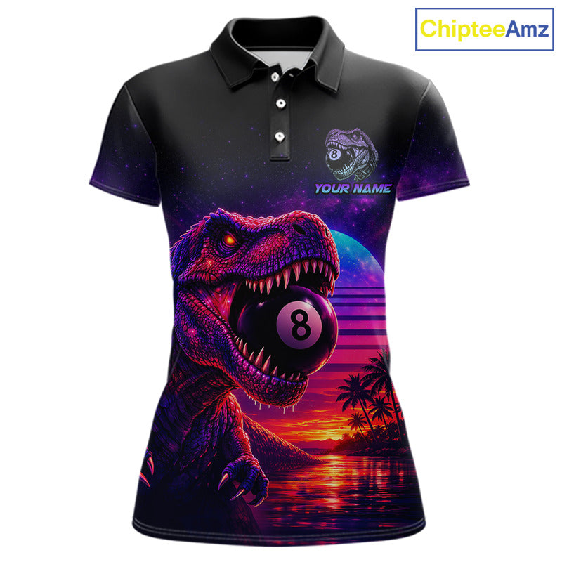 Black polo shirt with a dinosaur holding a pool ball design on a white background, branded 'Chiptee Amz'.