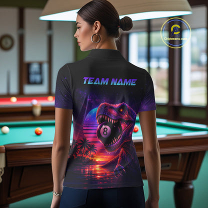 Person wearing a shirt with a dinosaur and number 8 design in a pool hall.