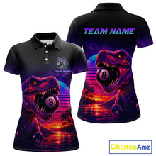 Load image into Gallery viewer, Black polo shirt with dinosaur and 8-ball design on front and back, featuring 'Chiptee Amz' branding.