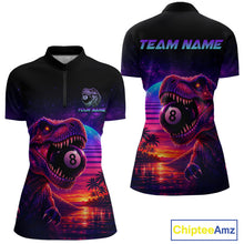 Load image into Gallery viewer, Black polo shirt with dinosaur and pool ball design on front and back, featuring 'Chiptee Amz' branding.