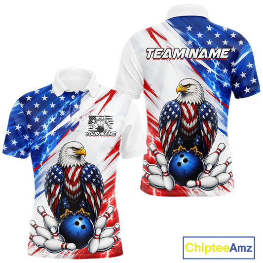 Bowling shirt with American flag design, eagle, and bowling elements on a white background.
