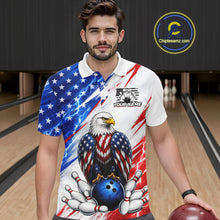 Load image into Gallery viewer, Man wearing a patriotic bowling shirt with an eagle design in a bowling alley.