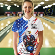 Load image into Gallery viewer, Woman wearing a custom bowling shirt with an American flag and eagle design in a bowling alley.