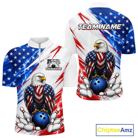 Bowling jersey with American flag design and eagle holding a bowling ball, featuring 'Chiptee Amz' branding.