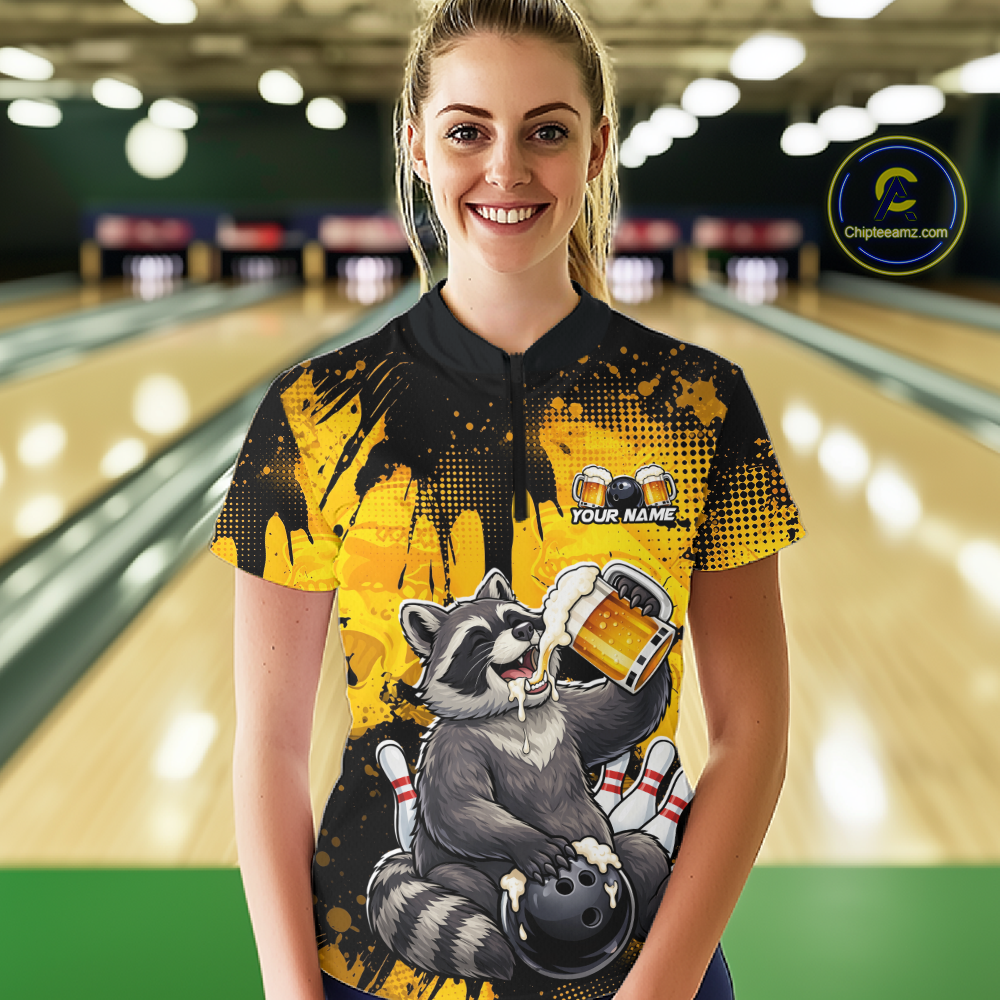 Custom Beer Raccoon Bowling Jersey for Women Bowling Polo & 1/4 Zip Bowling Team Shirts HNT270