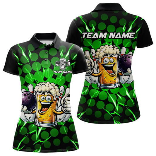 Custom Green Funny Beer Bowling Jersey for Women Bowling Team Shirts Polo & 1/4 Zip HNT187