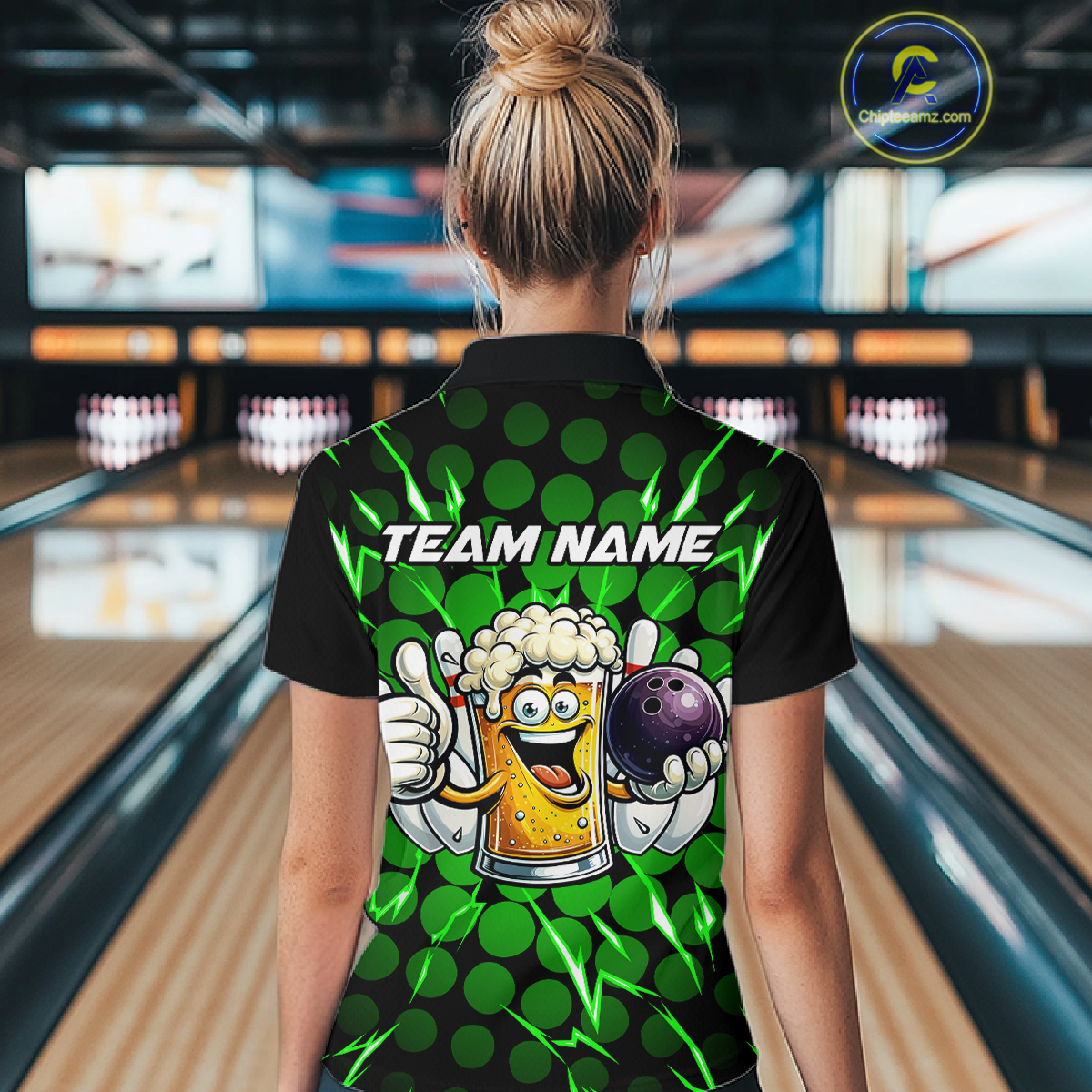 Custom Green Funny Beer Bowling Jersey for Women Bowling Team Shirts Polo & 1/4 Zip HNT187