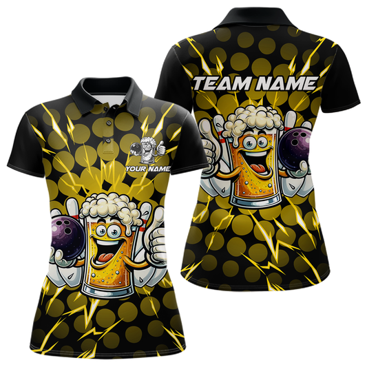 Custom Yellow Funny Beer Bowling Jersey for Women Bowling Team Shirts Polo & 1/4 Zip HNT187