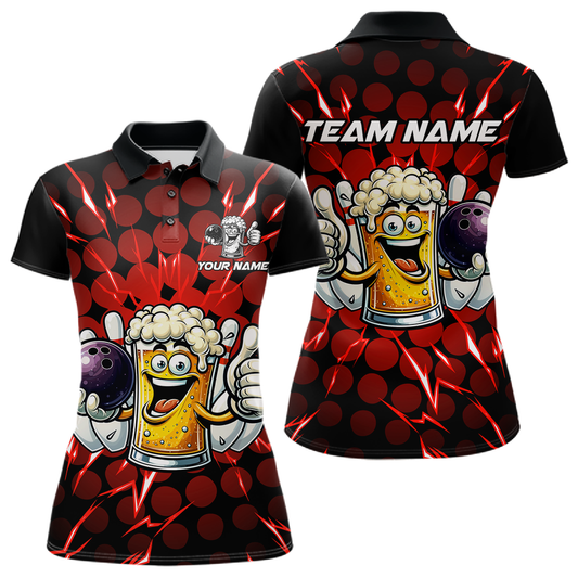 Custom Red Funny Beer Bowling Jersey for Women Bowling Team Shirts Polo & 1/4 Zip HNT187