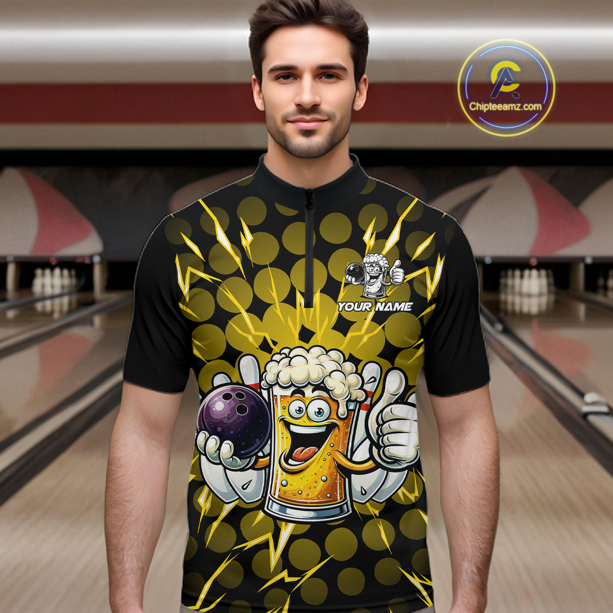 Custom Yellow Funny Beer Bowling Jersey for Men Bowling Team Shirts Polo & 1/4 Zip HNT187