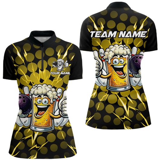 Custom Yellow Funny Beer Bowling Jersey for Women Bowling Team Shirts Polo & 1/4 Zip HNT187