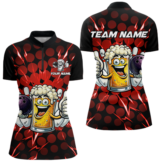 Custom Red Funny Beer Bowling Jersey for Women Bowling Team Shirts Polo & 1/4 Zip HNT187