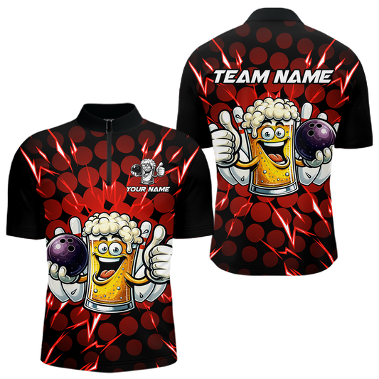 Custom Red Funny Beer Bowling Jersey for Men Bowling Team Shirts Polo & 1/4 Zip HNT187