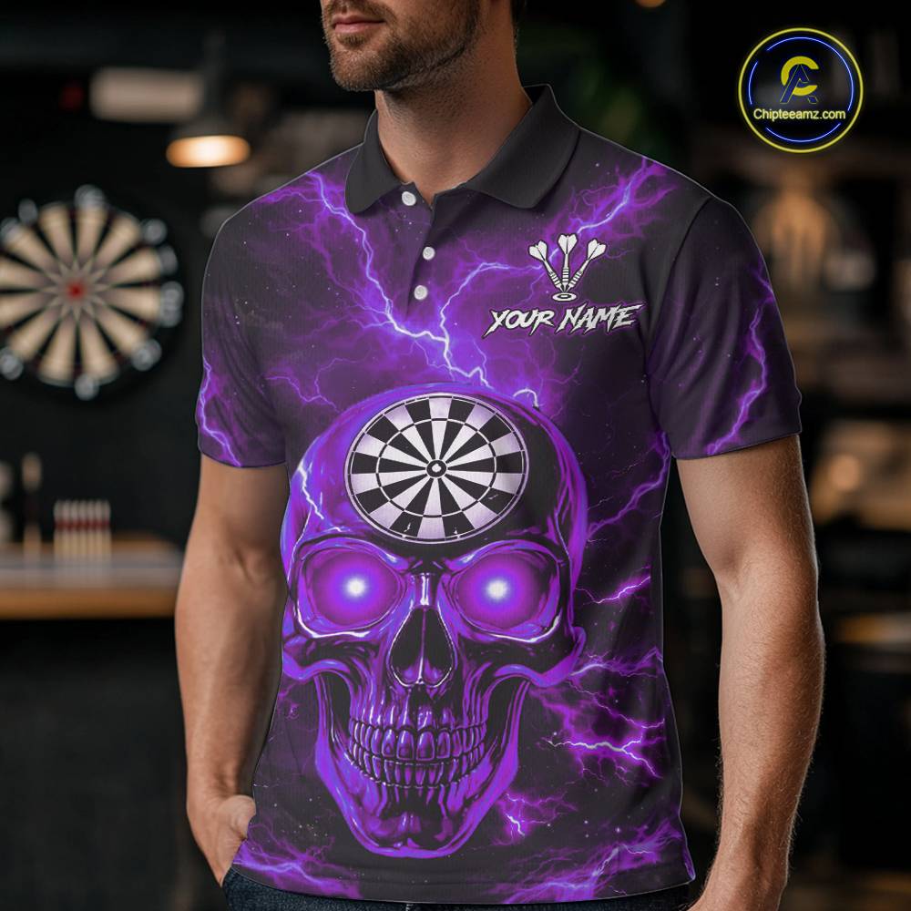Custom Purple Lightning Thunder Skull Dart Shirts For Men Darts Team Jerseys Polo & 1/4 Zip NNT135