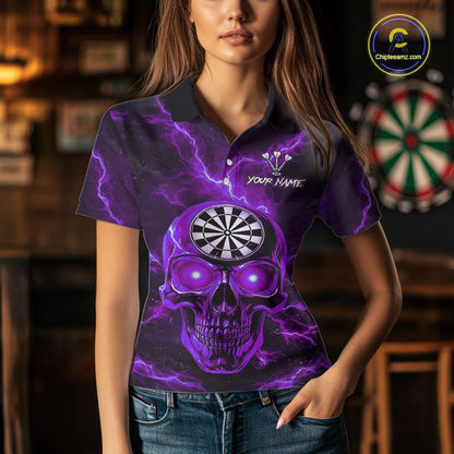 Custom Purple Lightning Thunder Skull Dart Shirts For Women Darts Team Jerseys Polo & 1/4 Zip NNT135