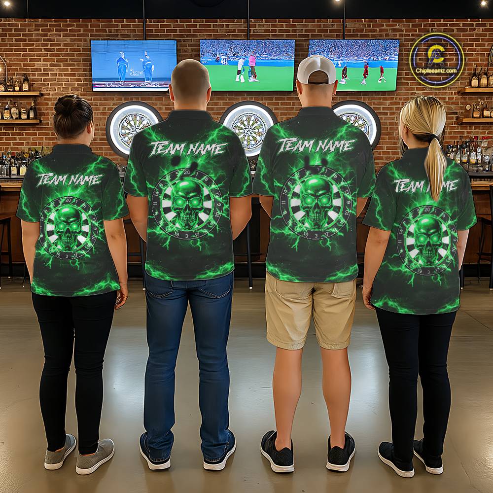 Custom Green Lightning Thunder Skull Dart Shirts For Men Darts Team Jerseys Polo & 1/4 Zip NNT135