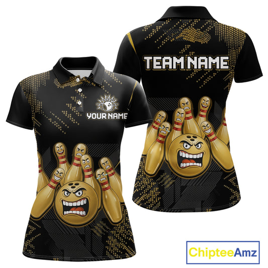 Custom Black and Gold Funny Bowling Jersey for Women Bowling Team Shirts Polo & 1/4 Zip HNT177