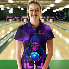 Load image into Gallery viewer, Custom Purple Grim Reaper Bowling Jersey for Women Bowling Team Shirts Polo &amp; 1/4 Zip HNT132