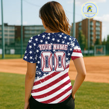 Load image into Gallery viewer, Red And Blue American Flag Baseball Jersey For Women Custom Patriotic Youth Baseball Shirt NYN0859