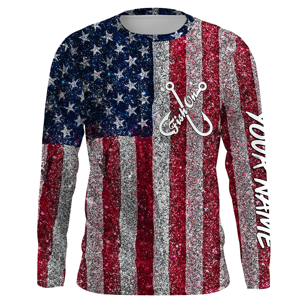 Fish On American Flag UV Protection Custom Long Sleeve Shirts Patriotic Fishing Jersey TTN127