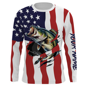 Bass Fishing American Flag Custom Long Sleeve Shirts, Personalized Patriotic Fishing Gifts For Men TTN94