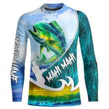 Load image into Gallery viewer, Custom Name Mahi Mahi fishing blue performance Sun/UV Protection shirt, personalized gift TTV91