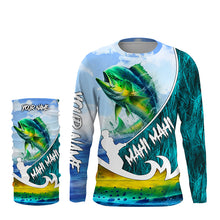 Load image into Gallery viewer, Custom Name Mahi Mahi fishing blue performance Sun/UV Protection shirt, personalized gift TTV91