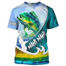 Load image into Gallery viewer, Custom Name Mahi Mahi fishing blue performance Sun/UV Protection shirt, personalized gift TTV91